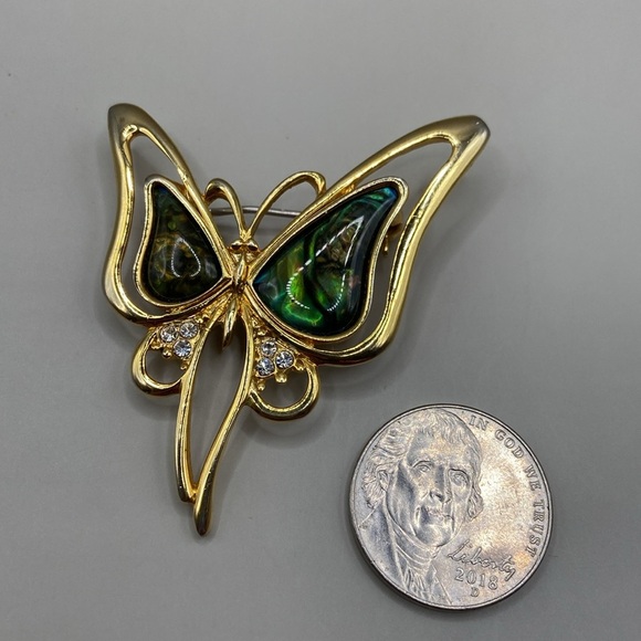 Gold and Green Butterfly Brooch with Crystal Accents - Picture 2 of 3